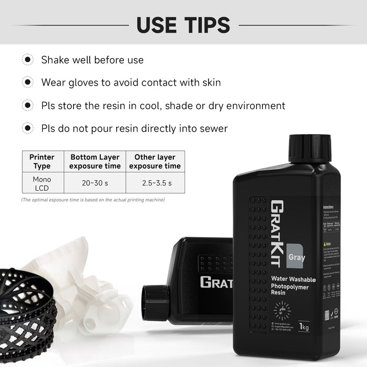 GratKit Water Washable 3D Printing Resin, Water Washable Photopolymer Resin