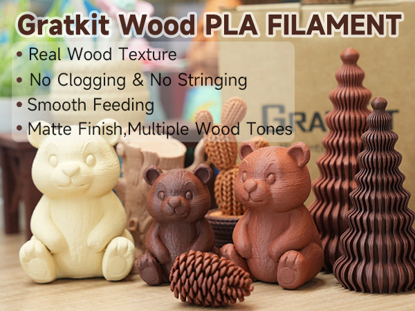 GratKit Wood PLA Filament, 3D Printer Filament 1.75mm, -0.03mm, 1KG/Roll, Fit Most FDM 3D Printers, PLA